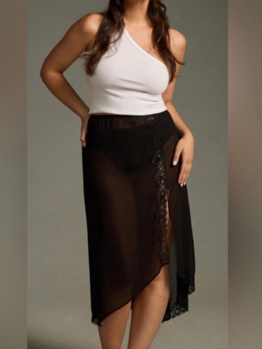Anthropologie Sheer Fairy Grunge Asymmetrical Lace Trim Slip Skirt Black XXS